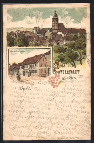 Lithographie Buttelstedt, Gasthof zum weissen Ross, Teilansicht mit Kirche