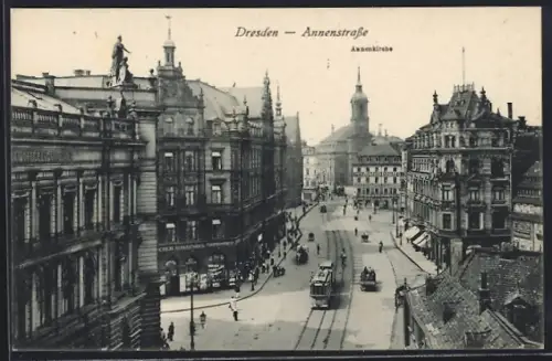 AK Dresden, Annenstrasse mit Strassenbahn und Annenkirche