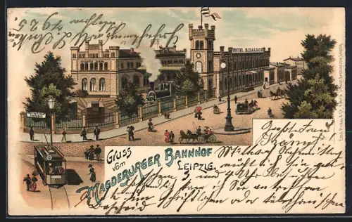 Lithographie Leipzig, Magdeburger Bahnhof mit Strassenbahn