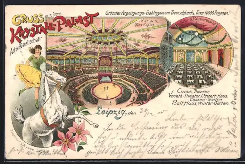 Lithographie Leipzig, Krystall-Palast, Circus und Alberthalle, Neue und Palmenhalle