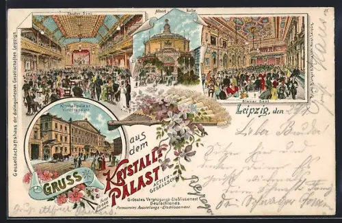 Lithographie Leipzig, Krystall-Palast A. G., Theatersaal, Alberthalle und Blauer Saal