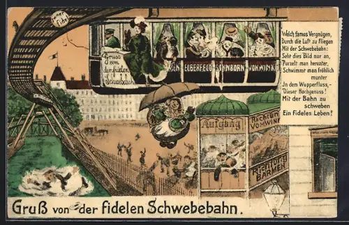 Grusskarten-AK Barmen, Gruss von der fidelen Schwebebahn