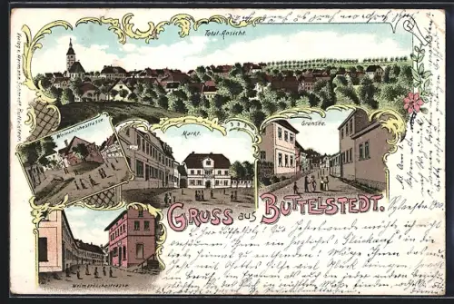 Lithographie Buttelstedt, Weimarischestrasse, Markt und Grünsee
