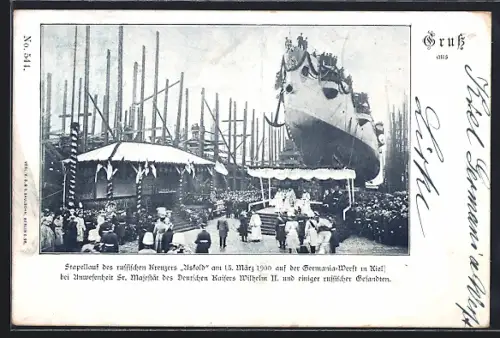 AK Kiel, Stapellauf des russischen Kreuzers Asfold am 15.03.1900 auf der Germania-Werft