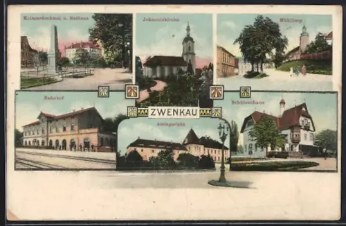 AK Zwenkau, Bahnhof, Schützenhaus, Johanniskirche und Mühlberg