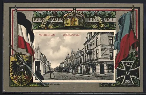Grusskarten-AK Nordenham, Geschäft von Theodor Schmidt in der Bahnhofstrasse, Passepartout mit Fahnen und Wappen