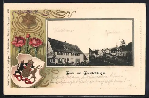 Passepartout-Lithographie Grossbettlingen, Gasthaus, Pfarrhaus und Wappen mit Nelken