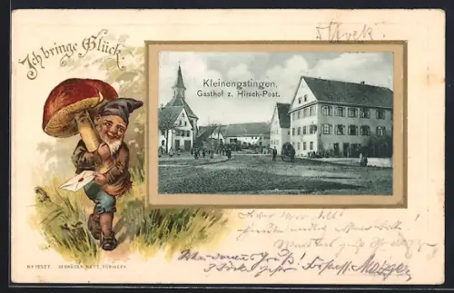 Passepartout-Lithographie Kleinengstingen, Gasthof zur Hirsch-Post, Zwerg mit Pilz