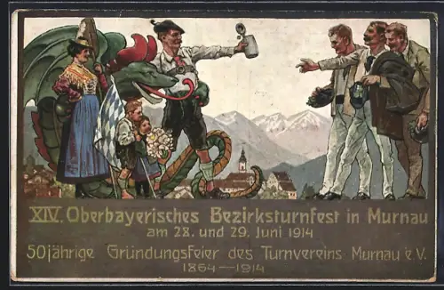 Künstler-AK Murnau / Staffelsee, XIV. Oberbayerisches Bezirksturnfest 1914, Drache, Familie in Trachten und Turner