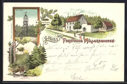 Lithographie Müllershausen, Gasthaus Forsthaus, Kaitsch und Wald-Idyll