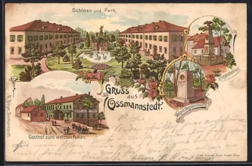 Lithographie Ossmannstedt, Gasthof zum weissen Falken, Schloss und Park, Wieland`s Begräbnisstätte