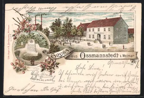Lithographie Ossmannstedt b. Weimar, Restaurant mit Besuchern, Wielands Begräbnisstätte