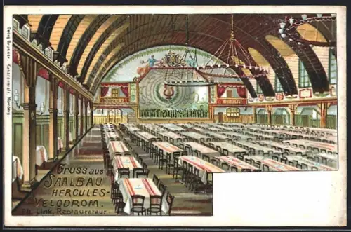 Lithographie Nürnberg, Innenansicht Gasthaus Hercules-Velodrom mit Orchesterbühne