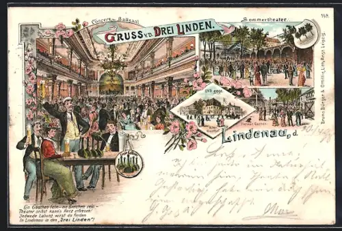 Lithographie Lindenau / Leipzig, Gasthof zu den drei Linden, Inneres Konzert- u. Ballsaal, Vorder-Garten