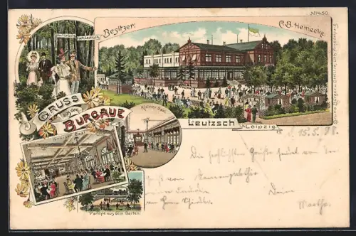 Lithographie Leutzsch b. Leipzig, Partie mit Gasthof Burgaue, Kleiner Saal, Grosser Saal, Gartenpartie