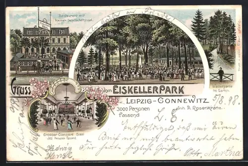 Lithographie Leipzig-Connewitz, Restaurant Eisenkellerpark, Inneres grosser Konzertsaal, Garten
