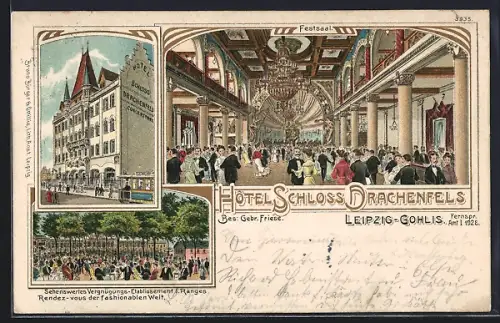 Lithographie Leipzig-Gohlis, Hotel Schloss Drachenfels v. A. Friese, Festsaal, Aussen- u. Innenansichten