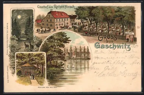 Lithographie Gaschwitz, Gasthof zum Rothen Hirsch, Ansichten aus dem Park