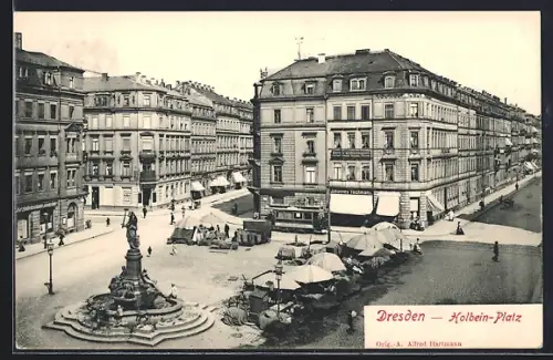 AK Dresden, Holbeinplatz am Eck Schulgut-, Dürer- und Holbeinstrasse, Strassenbahn