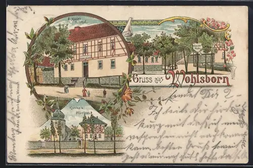 Lithographie Wohlsborn, R. Mühle`s Gasthof, Kirche und Pfarrhaus, Glaser-Platz