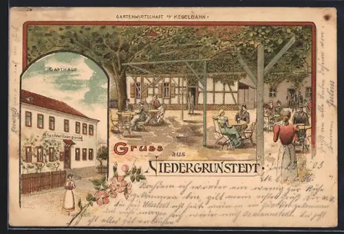 Lithographie Niedergrunstedt, Gasthaus mit Garten und Kegelbahn