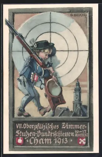 AK Cham, VII. Oberpfälzisches Zimmer-Stutzen-Bundesschiessen 1913, Kleiner Schütze mit Zielscheibe, Schützenverein