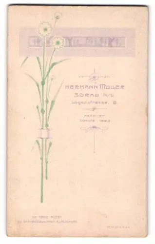 Fotografie Hermann Müller, Sorau N/L, Logenstrasse 8, stilisierte Blumen nebst Atelier Anschrift