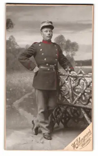 Fotografie H. Elmgaard, Viborg, dänischer Soldat in Uniform Rgt. 8, Handkoloriert