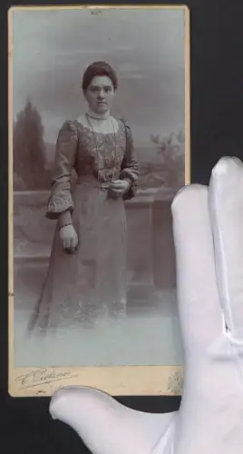 Fotografie C. Pietzner, Wien, junge Frau im verzierten Kleid mit Halskette vor einer Studiokulisse