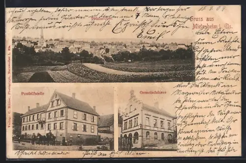 AK Mietesheim i. Els., Panorama, Posthilfstelle und Gemeindehaus