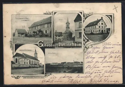 AK Düttlenheim, Restaurant J. Schmitt, Gemeindehaus und Kirche
