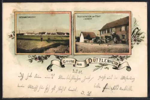 Lithographie Düttlenheim, Restaurant zur Post von J. Schmitt