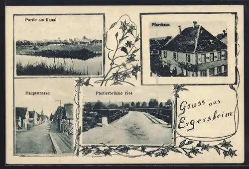 AK Ergersheim, Partie am Kanal, Pfarrhaus und Hauptstrasse