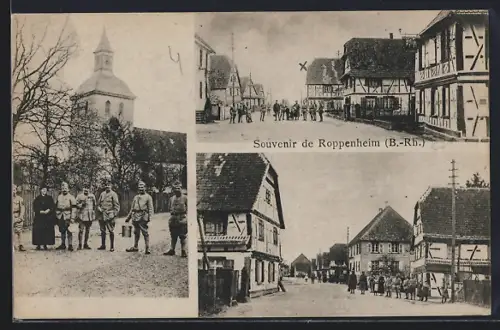 AK Roppenheim /B.-Rh., Scènes de rue et église en arrière-plan
