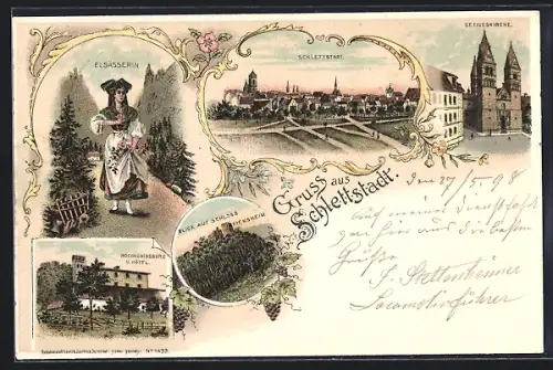 Lithographie Schlettstadt, Elsässerin, Stadtansicht und St. Fides Kirche