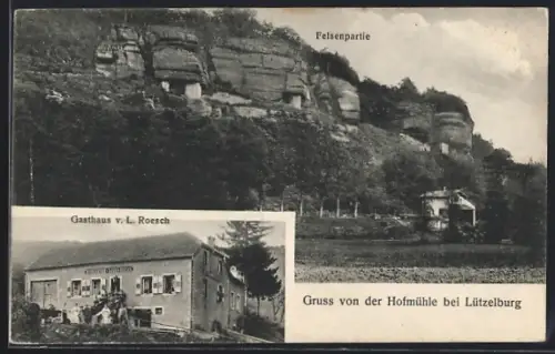 AK Lützelburg, Gasthaus Hofmühle, Bes. L. Roesch, Felsenpartie