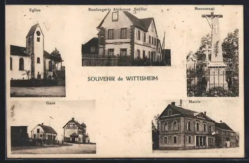 AK Wittisheim, Souvenir avec église, boulangerie Seyller, monument, gare et mairie