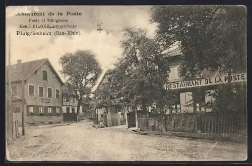 AK Pfulgriesheim /Bas-Rhin, Restaurant de la Poste et rue principale du village