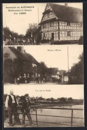 AK Auenheim, Restaurant à l`Ancre, Jul. Lehr, Maison d`École et vue sur la Moder