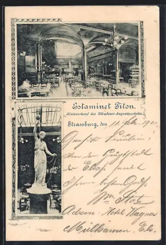 AK Strasbourg, Estaminet Pilon et statue intérieure élégante