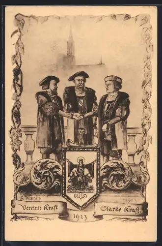 Künstler-AK Strassburg, 2. Versammlung des Landesverbandes d. Gemeindebeamten 1913, Drei Ratsherren