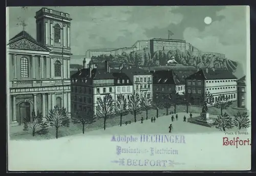 Mondschein-AK Belfort, Vue de la Place d`Armes avec l`église et la citadelle en arrière-plan