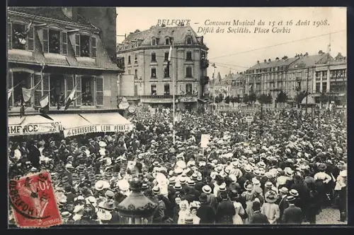 AK Belfort, Concours Musical du 15 et 16 Août 1908, Défilé des Sociétés, Place Corbis