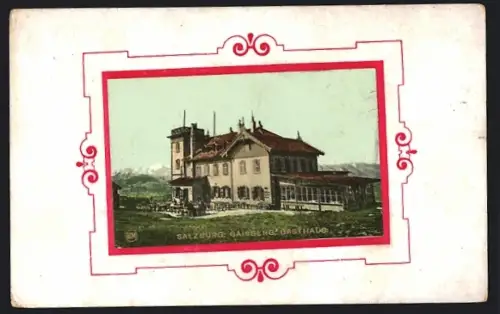 Lithographie Salzburg, Gaisberg mit Gasthaus, Passepartout