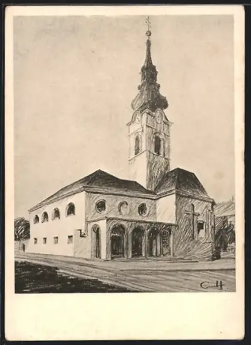 Künstler-AK Wien-Mauer, Neue Pfarrkirche zum heiligen Erhard