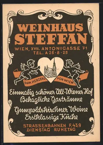 Künstler-AK Wien, Weingasthaus Stefan, Antonigasse 71, Kirche im Herz mit Englein