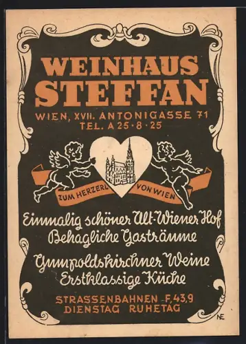 Künstler-AK Wien, Weingasthaus Stefan, Antonigasse 71, Kirche im Herz mit Englein