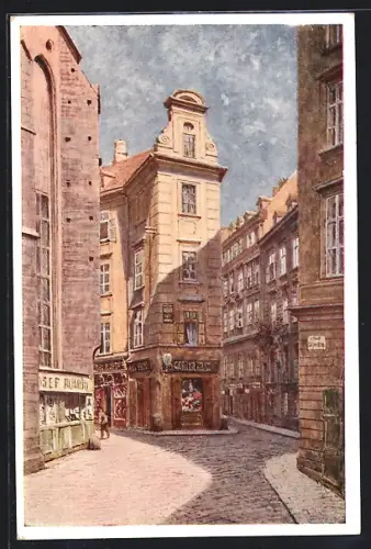 Künstler-AK Wien, Seitzergasse mit Geschäften