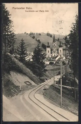 AK Maria Zell /Mariazeller Bahn, Durchblick auf den Ort mit Bahngleis