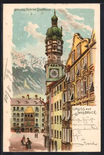 Lithographie Innsbruck, Gasthaus Goldenes Dachl mit Stadtturm